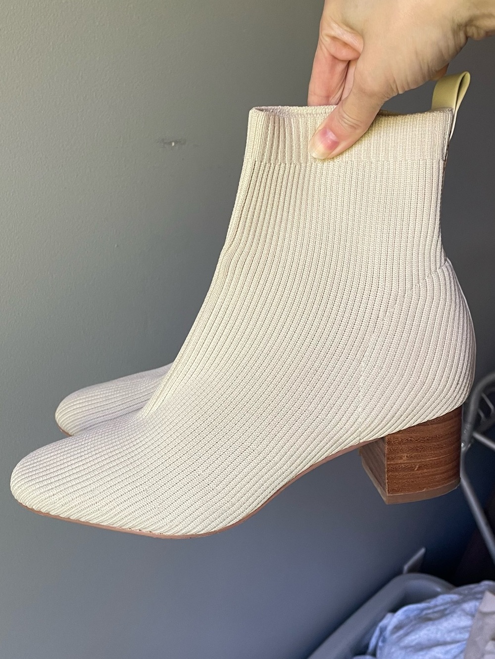 Cream Knit Sock Booties with Block Heel